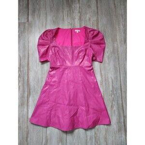 TCEC Hot Pink Pleather Mini Dress Lined Sqaure Neck Puff Sleeve Zip Sz S EUC